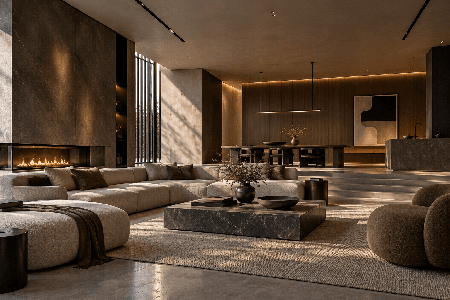 A warm living room with a long stone fireplace, a low bouclé sofa around a marble table and a dining room beyond